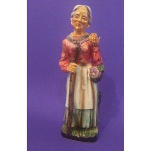Elderly Woman With Walking Stick Basket of Flowers Wales Made in Japan